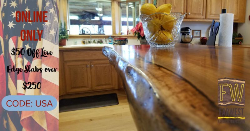 image live edge slab walnut wood kitchen island with lemons on the counter and text of online wood sale coupon code USA