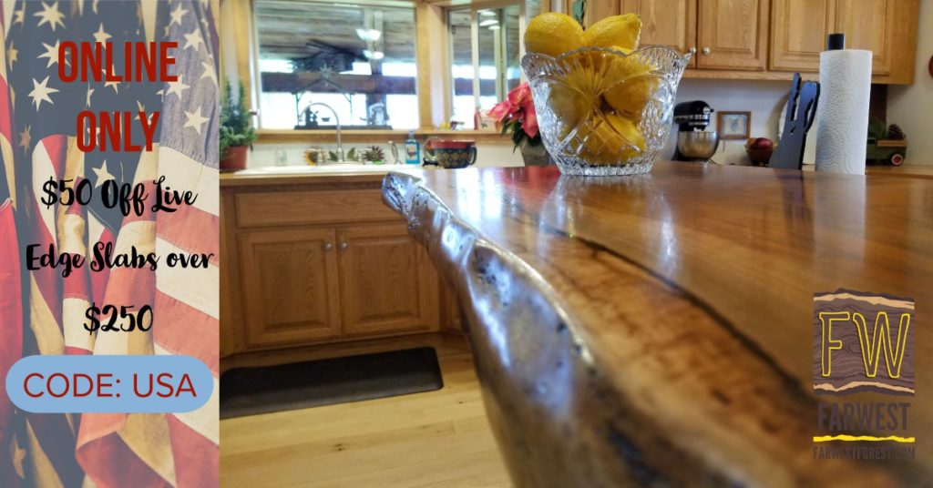 image showing walnut wood kitchen island with lemons on the counter and text of online wood sale coupon code USA