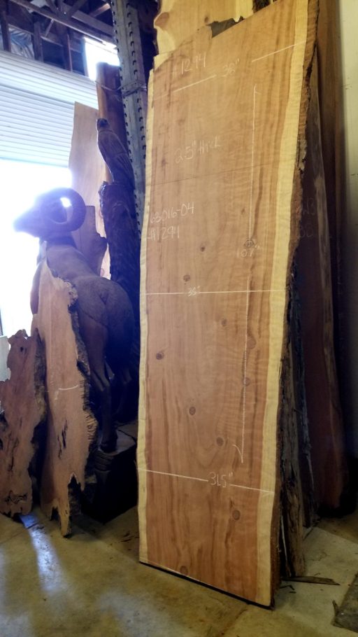 Natural edge redwood slab with beautiful curl figure
