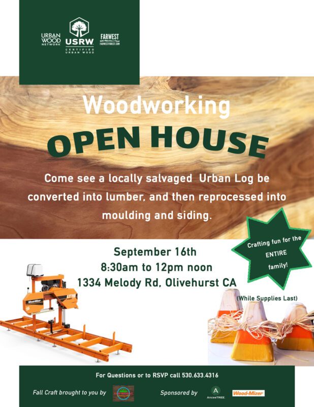 woodworking open house flyer with wooden candy corn, and a wood-mizer sawmill