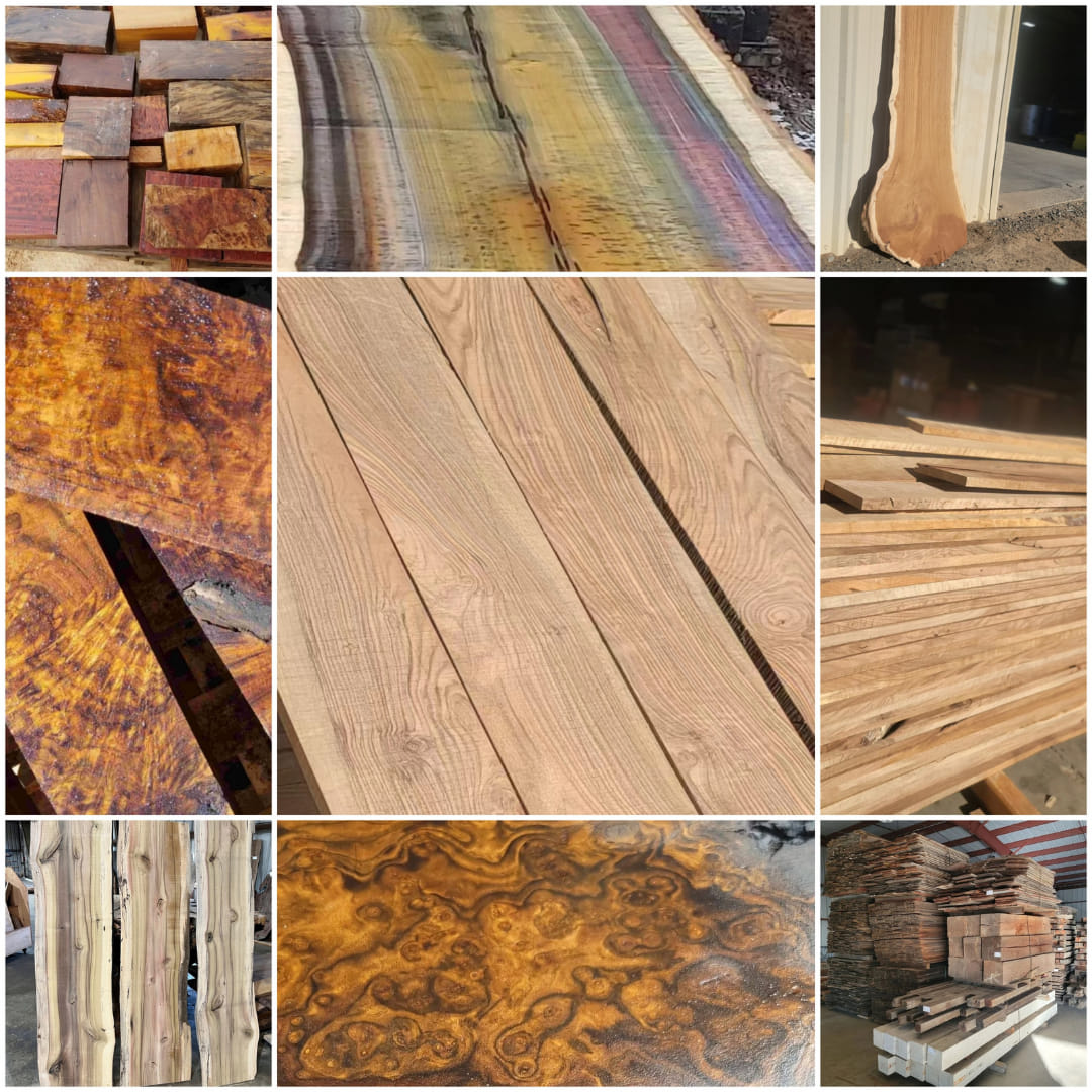 a sampling of wood images from multiple species and colors. Turning blocks and live edge slabs