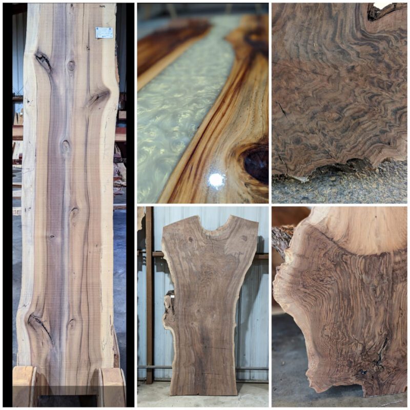 sampling of wood products for sale, some walnut slabs live edge tulip wood slab, and a finished table with white epoxy. 