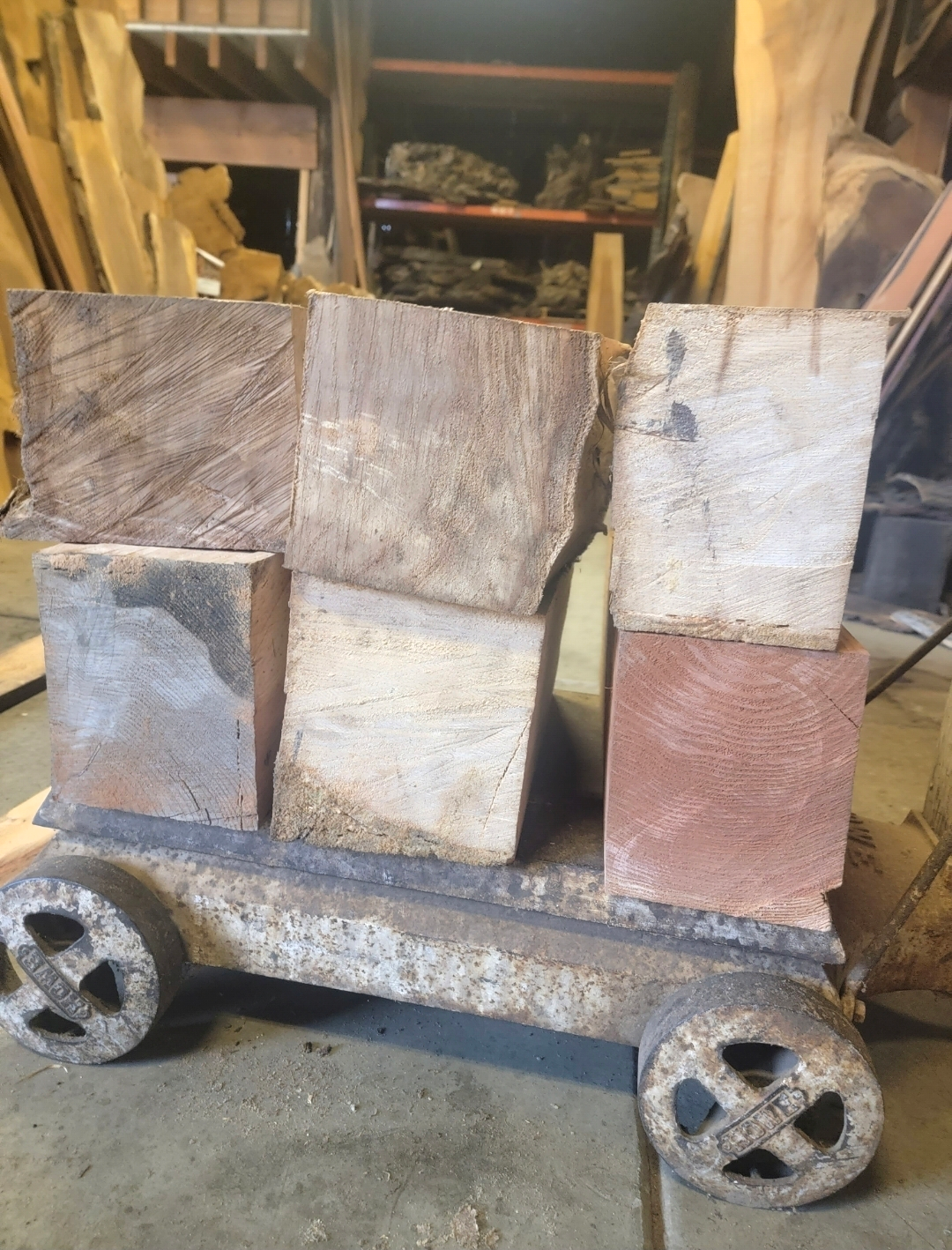 Multiple wood blocks in various different lumber varieties on a wagon.